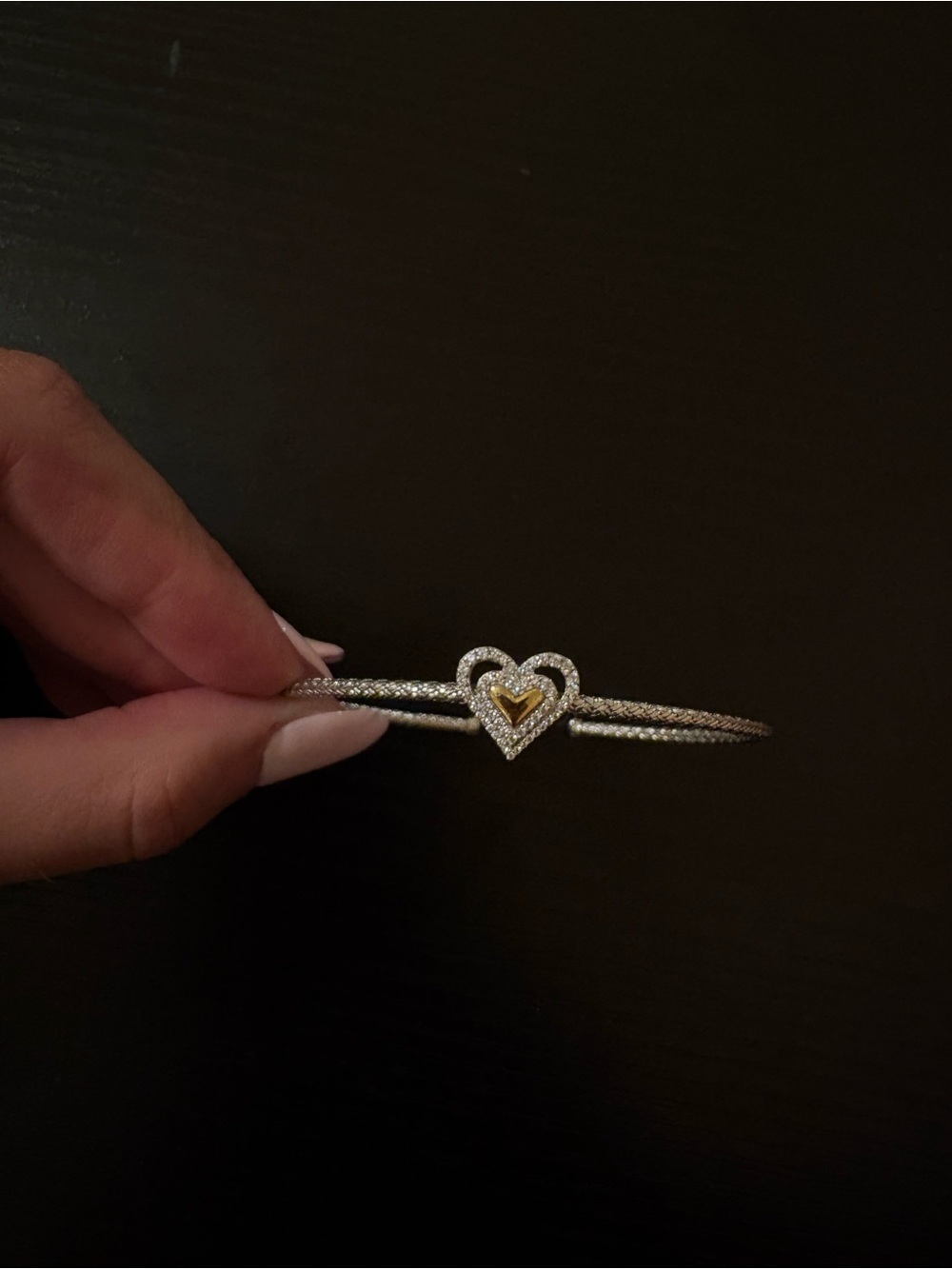 Heart Pavé Bangle Bracelet in Silver with Gold Accent